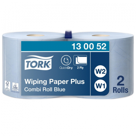 ПРОТИРОЧНАЯ БУМАГА В РУЛОНАХ С ЦЕНТРАЛЬНОЙ ВЫТЯЖКОЙ TORK 130052 W1/W2 ГОЛУБАЯ (2 РУЛОНА ПО 255 МЕТРОВ), АРТ. 449676, TORK