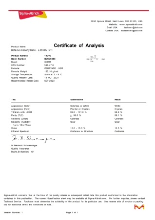 БЕТАИН МОНОГИДРАТ, CAS 590-47-6, ФАСОВКА 1 КГ, SIGMA-ALDRICH 14300
